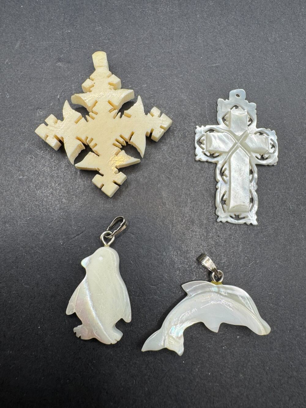 Vintage Lot of 4 Mother of Pearl Carved Cross Dolphin & Penguin Pendant